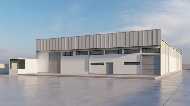 Render da sede da Serralharia Vidal — vista da fachada e do logradouro