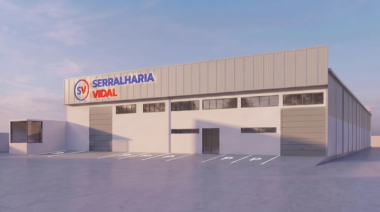Render da sede da Serralharia Vidal — pavilhão industrial com letreiro retroiluminado Serralharia Vidal